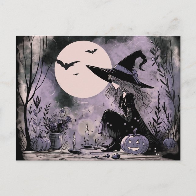 Halloween Witch Illustration  Holiday Postcard (Front)