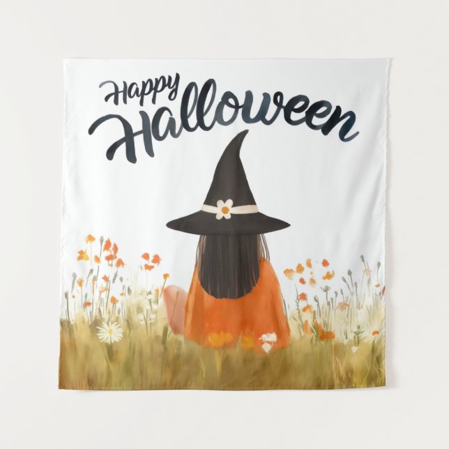 Halloween Witch in Flower Field Tapestry (Front)