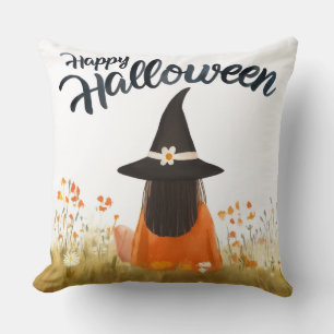 Halloween Witch in Flower Field Throw Pillow