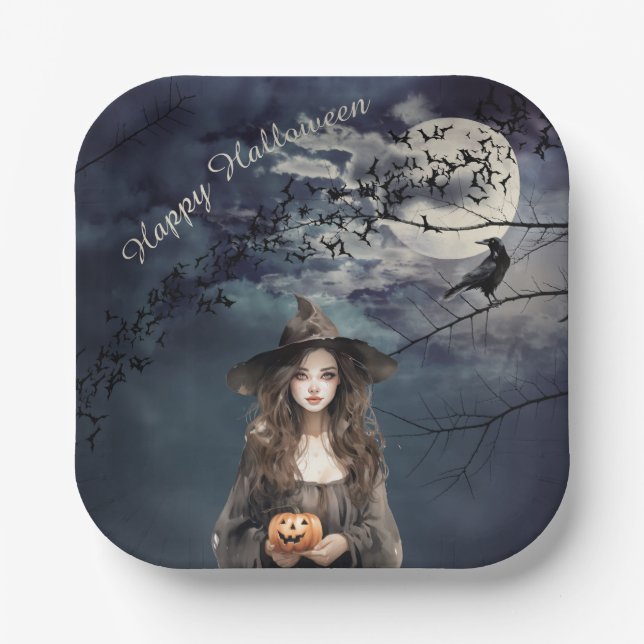 Halloween Witch in Moonlight  Paper Plate (Front)
