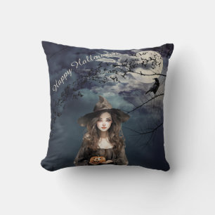 Halloween Witch in Moonlight Throw Pillow