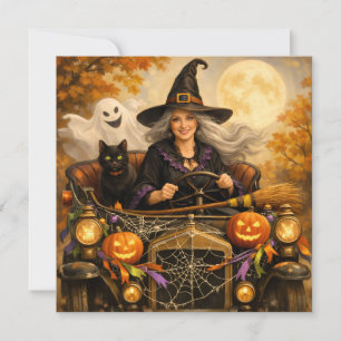 Halloween Witch in Vintage Car with Black Cat Holiday Card