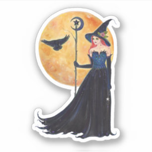 Halloween witch moon and raven by Renee Lavoie