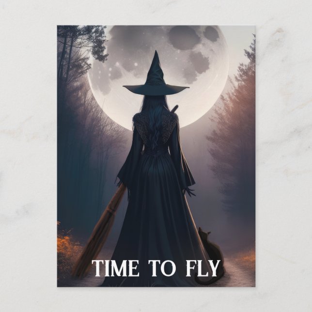 Halloween Witch Moon Black Cat Whimsigoth Custom Postcard (Front)