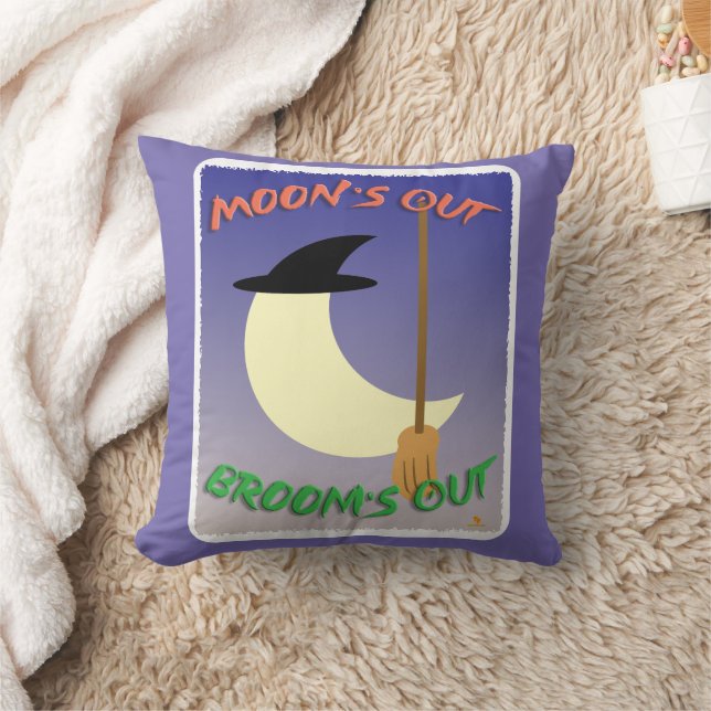 Halloween Witch Moons Out Brooms Slogan Throw Pillow (Blanket)