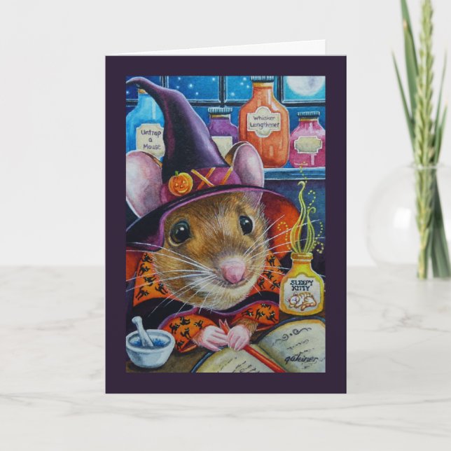 Halloween Witch Mouse & Potion Watercolor Art Card (Front)