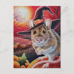 Halloween Witch Mouse Pumpkin Seed Watercolor Art Postcard
