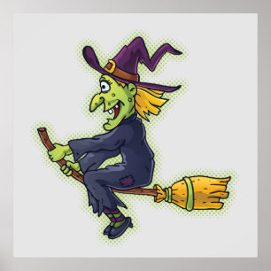 Halloween Witch on a Broom Poster