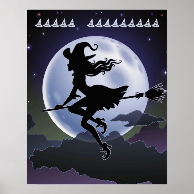 Halloween Witch on a Broom with full Moon Poster (Front)