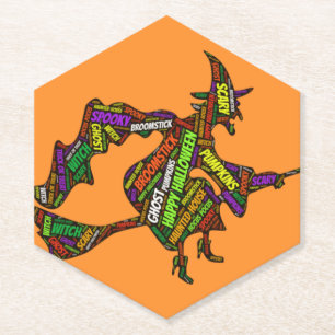 Halloween Witch on a Broomstick Orange Typography Paper Coaster