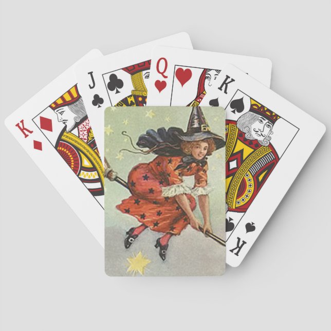 Halloween witch on a flying broom playing cards (Back)