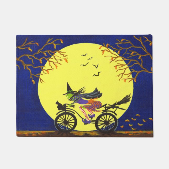 Halloween witch on bicycle door mat (Front)
