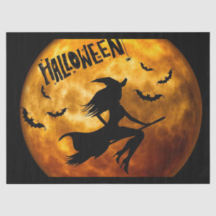 Halloween Witch on Broom Cat Moon Bats Tissue Paper