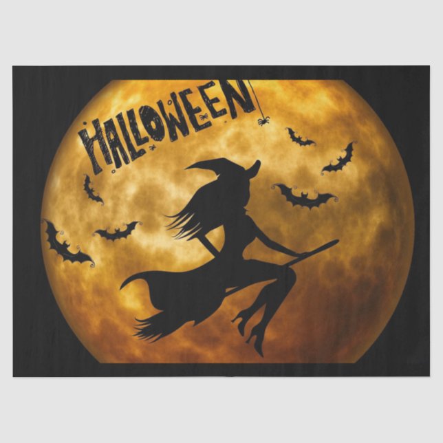 Halloween Witch on Broom Cat Moon Bats Tissue Paper (Front)