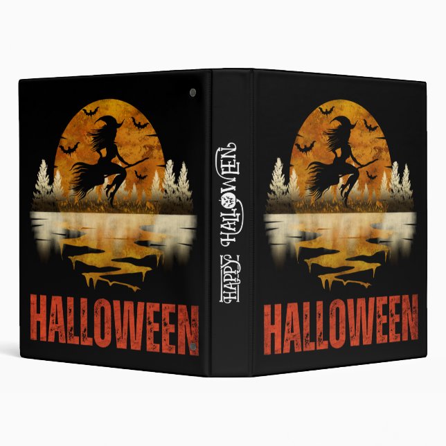 halloween witch on broom moon bats  binder (Background)