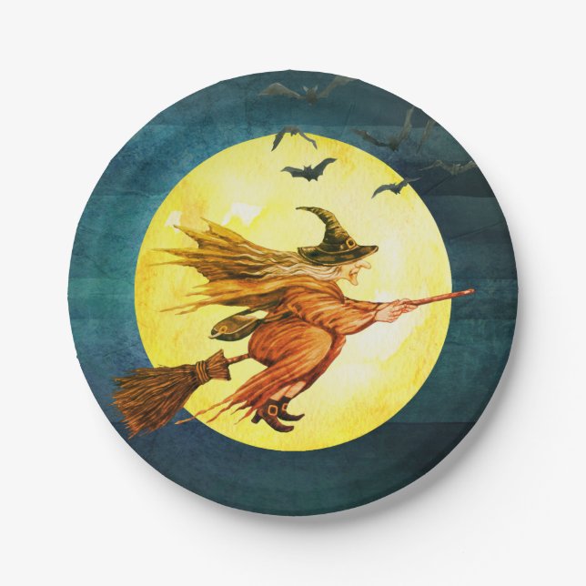 Halloween Witch On Broomstick Moon Paper Plate (Front)