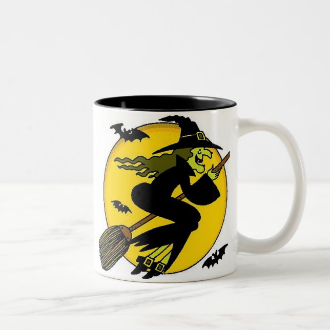 Halloween Witch On Broomstick Two-Tone Coffee Mug (Right)