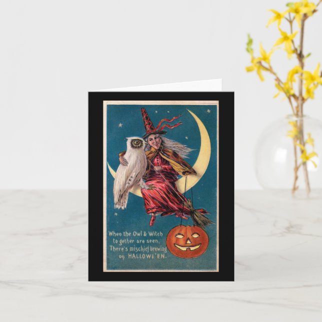 Halloween Witch on Moon with Owl Vintage Card (Yellow Flower)