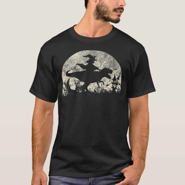 Halloween Witch on T-Rex - Funny Tyrannosaurus Rex T-Shirt (Front)