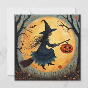 Halloween Witch on the Broom and Full Moon Holiday Card