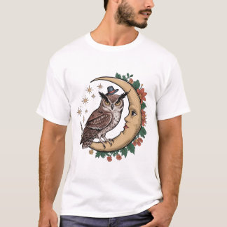 Halloween Witch Owl Sitting On Crescent Moon  T-Shirt