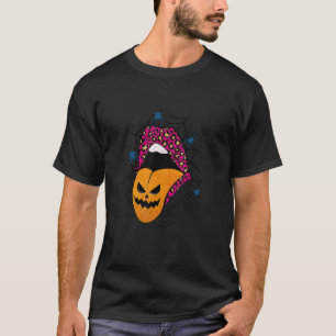 Halloween Witch Pink Lips Leopard Pattern Pumpkin T-Shirt