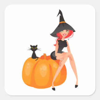 Halloween Witch Pumpkin & Black Cat Square Sticker