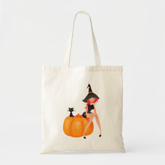 Halloween Witch Pumpkin & Black Cat Tote Bag (Front)