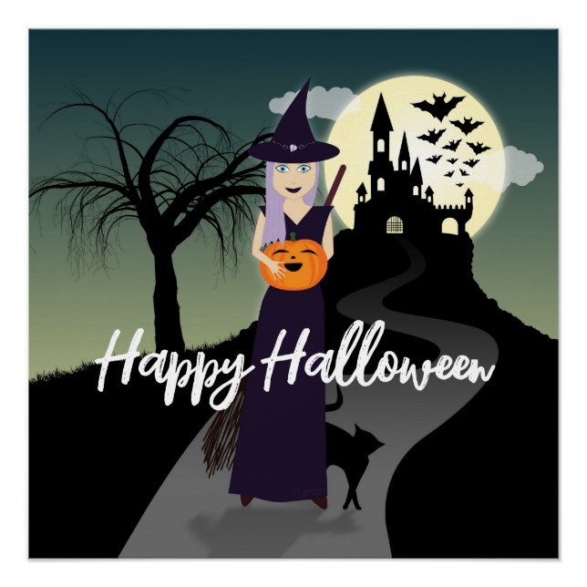 Halloween Witch Pumpkin Black cat Your text Poster (Front)