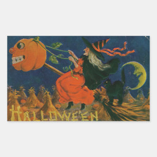 Halloween Witch Pumpkin Broomstick Vintage Sticker