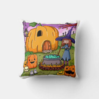 Halloween Witch Pumpkin House Throw Pillow