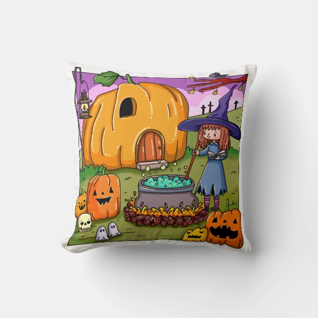 Halloween Witch Pumpkin House Throw Pillow (Front)