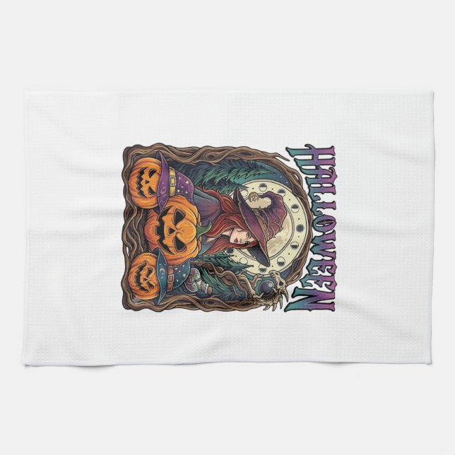 Halloween Witch Pumpkins Moon Phases_1 Kitchen Towel (Horizontal)