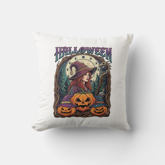 Halloween Witch Pumpkins Moon Phases_1 Throw Pillow (Front)