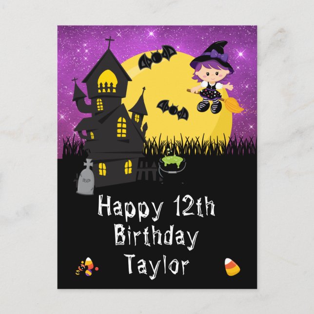 Halloween Witch Purple Happy Birthday Postcard (Front)