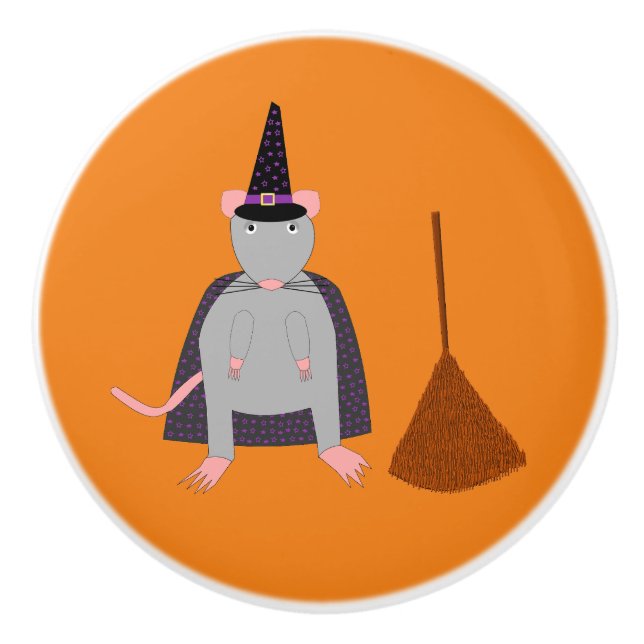 Halloween Witch Rat and Broom Ceramic Knob (Front)