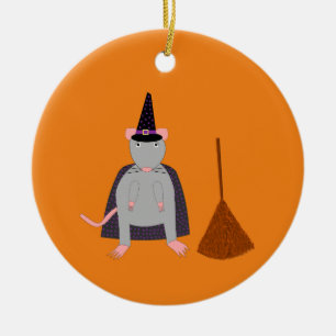 Halloween Witch Rat and Broom Custom Ceramic Ornament