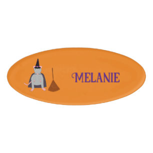 Halloween Witch Rat and Broom Custom Name Tag