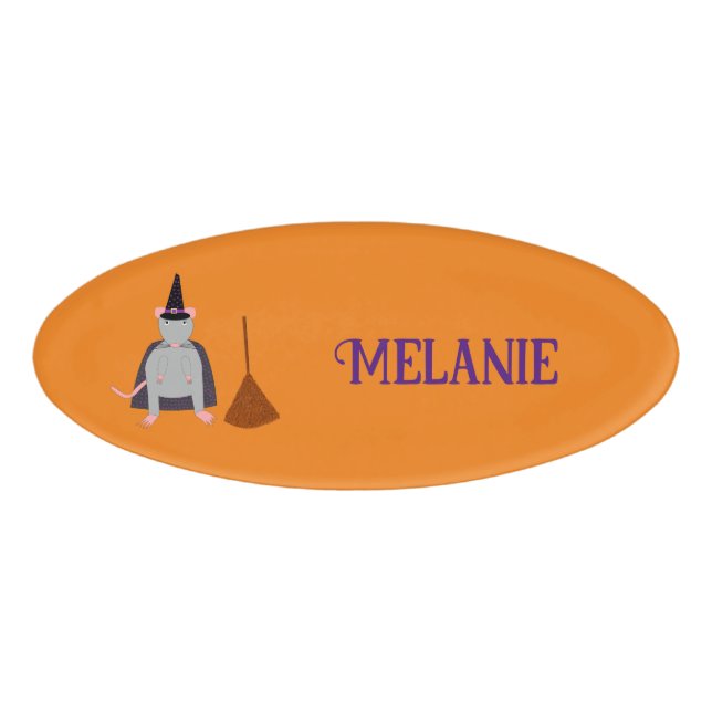 Halloween Witch Rat and Broom Custom Name Tag (Front)