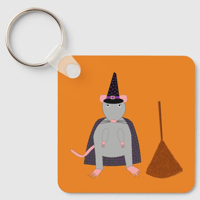 =Halloween Witch Rat and Broom Double Sided Keychain (Front)