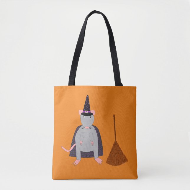 Halloween Witch Rat and Broom Double Sided Tote Bag (Front)