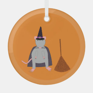=Halloween Witch Rat and Broom Glass Ornament