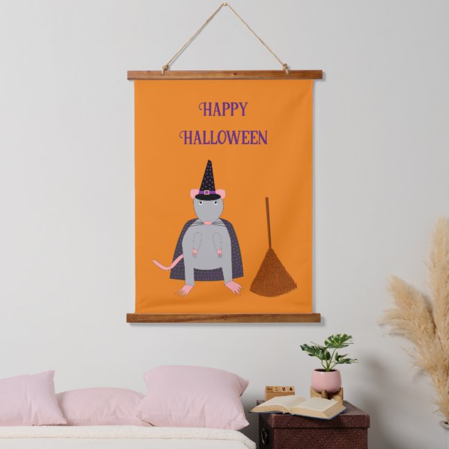 =Halloween Witch Rat and Broom Hanging Tapestry (Bedroom)