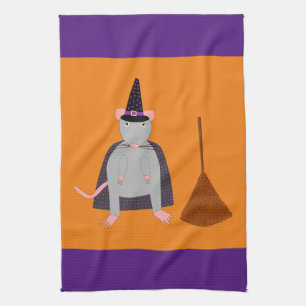 Halloween Witch Rat and Broom Kitchen Towel