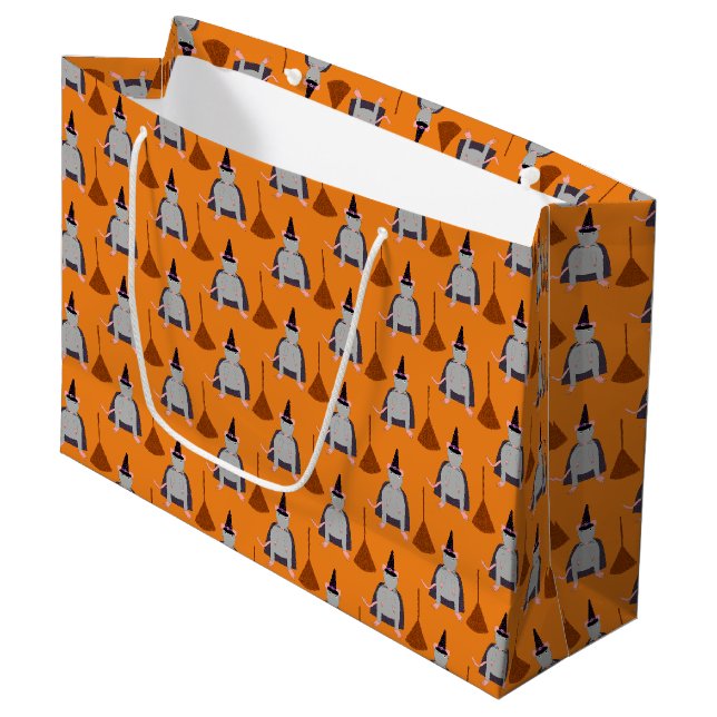 Halloween Witch Rat and Broom Patterned Large Gift Bag (Front Angled)