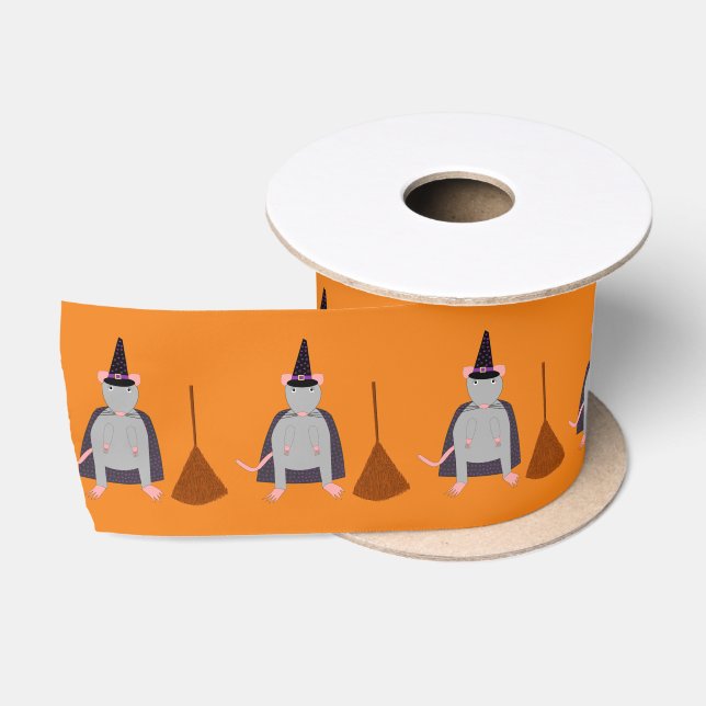 Halloween Witch Rat and Broom Patterned Satin Ribbon (Spool)