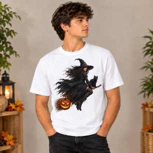 Halloween Witch Riding Broom PNG, Spooky Witch Cli T-Shirt