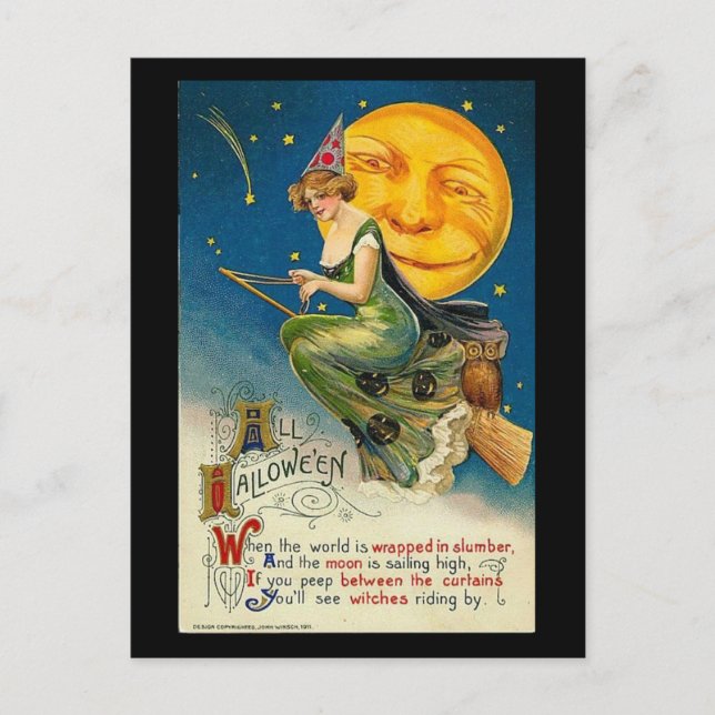 Halloween Witch Riding By Vintage Postcard (Front)