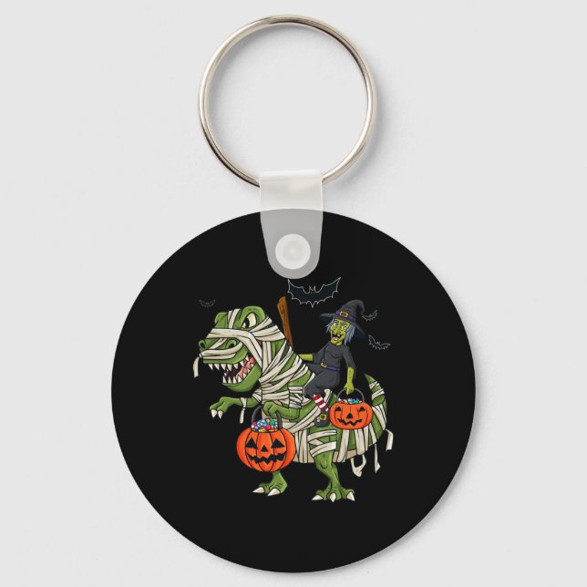 Halloween Witch Riding T Rex Fun Boys Girls Kids  Keychain (Front)