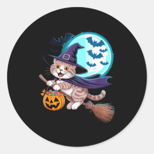 Halloween Witch Scottish Fold Moon Coupari  Classic Round Sticker